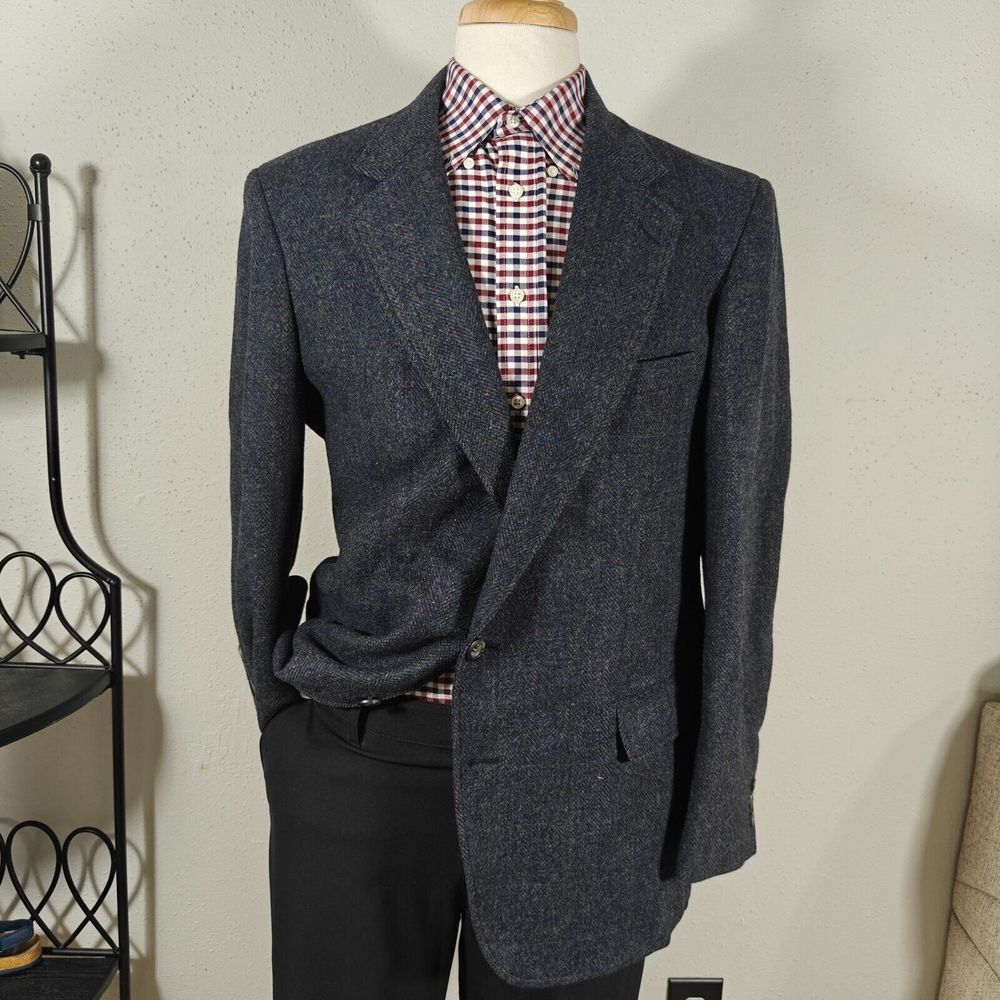 VTG Cricketeer Famous Barr Mens Tweed Sport Coat Blazer Two Button Navy Gray 46R
